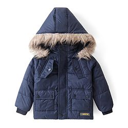 Babyhug Full Sleeves Padded Quilted Jacket with Detachable Hood Solid Colour - Navy Blue