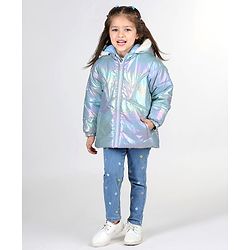 Babyhug Full Sleeve Hooded Puffer Jacket with Holographic Effect - Silver