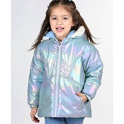 Babyhug Full Sleeve Hooded Puffer Jacket with Holographic Effect - Silver