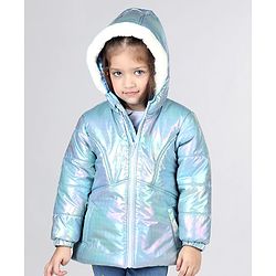 Babyhug Full Sleeve Hooded Puffer Jacket with Holographic Effect - Silver