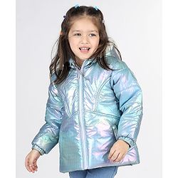 Babyhug Full Sleeve Hooded Puffer Jacket with Holographic Effect - Silver
