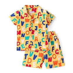 Babyhug Cotton Knit Half Sleeves Short Night Suit With Alphabets Print - Yellow