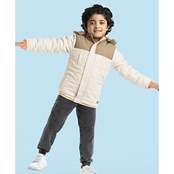 Babyhug Woven Full Sleeves Solid Color Padded Jacket With Removable Hoodie - Cream