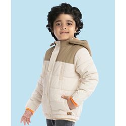 Babyhug Woven Full Sleeves Solid Color Padded Jacket With Removable Hoodie - Cream