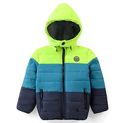 Babyhug Full Sleeves Colour Blocked Padded Jacket with Detachable Hood - Green & Blue