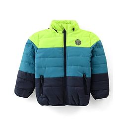 Babyhug Full Sleeves Colour Blocked Padded Jacket with Detachable Hood - Green & Blue