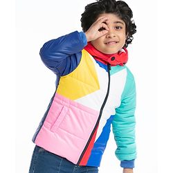 Babyhug Full Sleeves Colour Blocked Padded Jacket with Detachable Hood - Multicolour