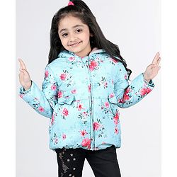 Babyhug Full Sleeves Hooded Jacket with Floral Design - Aqua Blue