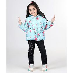 Babyhug Full Sleeves Hooded Jacket with Floral Design - Aqua Blue