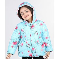 Babyhug Full Sleeves Hooded Jacket with Floral Design - Aqua Blue