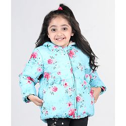 Babyhug Full Sleeves Hooded Jacket with Floral Design - Aqua Blue