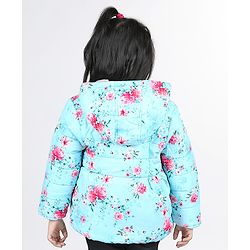 Babyhug Full Sleeves Hooded Jacket with Floral Design - Aqua Blue