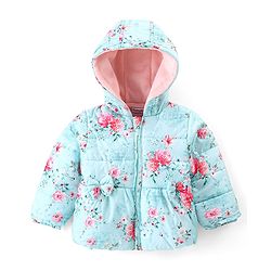 Babyhug Full Sleeves Hooded Jacket with Floral Design - Aqua Blue