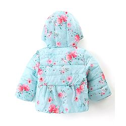 Babyhug Full Sleeves Hooded Jacket with Floral Design - Aqua Blue