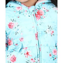 Babyhug Full Sleeves Hooded Jacket with Floral Design - Aqua Blue