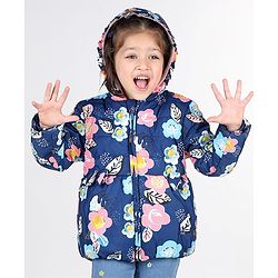 Babyhug Full Sleeves Hooded  Jacket with Floral Print - Blue