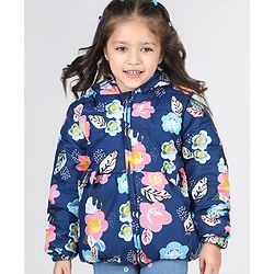 Babyhug Full Sleeves Hooded  Jacket with Floral Print - Blue