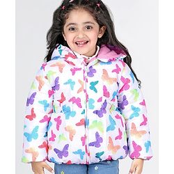Babyhug Full Sleeves Hoodie with Butterfly Print - White & Pink