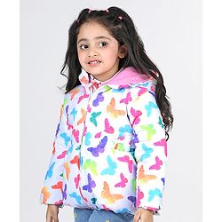 Babyhug Full Sleeves Hoodie with Butterfly Print - White & Pink