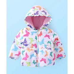 Babyhug Full Sleeves Hoodie with Butterfly Print - White & Pink