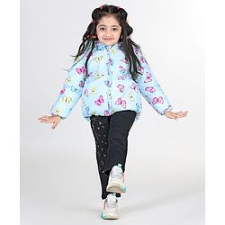 Babyhug Full Sleeves Hooded Jacket with Butterfly Print - Sky Blue