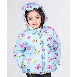 Babyhug Full Sleeves Hooded Jacket with Butterfly Print - Sky Blue