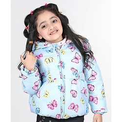 Babyhug Full Sleeves Hooded Jacket with Butterfly Print - Sky Blue