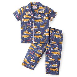 Babyhug Cotton Woven Half Sleeves Night Suit With Construction Vehicles Print - Blue
