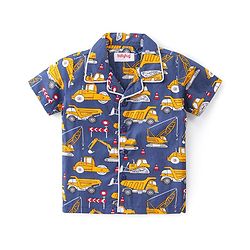 Babyhug Cotton Woven Half Sleeves Night Suit With Construction Vehicles Print - Blue