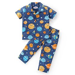 Babyhug Cotton Knit Half Sleeves Collar Neck Night Suit with Space Theme Print - Blue