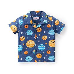 Babyhug Cotton Knit Half Sleeves Collar Neck Night Suit with Space Theme Print - Blue