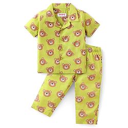 Babyhug Cotton Woven Half Sleeves Night Suit With Bear Print - Green