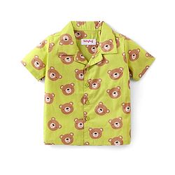 Babyhug Cotton Woven Half Sleeves Night Suit With Bear Print - Green