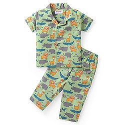 Babyhug Cotton Woven Half Sleeves Night Suit With Animal Print - Green