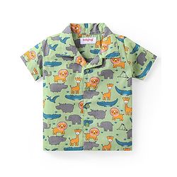 Babyhug Cotton Woven Half Sleeves Night Suit With Animal Print - Green