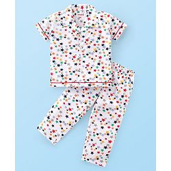 Babyhug Poplin Woven Half Sleeves Night Suit With Star Print - White