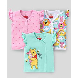Babyhug Disney Cotton Knit Frill Sleeves Front Open Jhablas with Polka Dots & Winnie The Pooh Print Pack of 3  - Pink White & Green