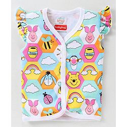 Babyhug Disney Cotton Knit Frill Sleeves Front Open Jhablas with Polka Dots & Winnie The Pooh Print Pack of 3  - Pink White & Green