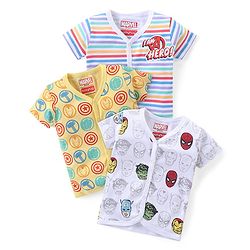 Babyhug Marvel Interlock Cotton Knit Half Sleeves Front Open Jhablas with Stripes & Avengers Graphics Pack of 3 - White & Yellow