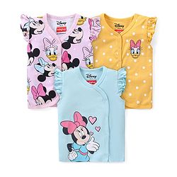 Babyhug Interlock Cotton Knit Frill Sleeves Front Open Jhablas With Minnie Mouse & Daisy Duck Graphics Pack of 3 - Pink Yellow & Blue