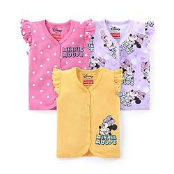 Babyhug Disney Interlock Knit Frill Sleeves Front Open Jhablas with Polka Dots &  Minnie Mouse Print Pack of 3 - Pink Yellow & Purple