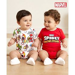 Babyhug Marvel Interlock Knit Half Sleeves Onesies With Spiderman Graphics Pack Of 2 - White & Red