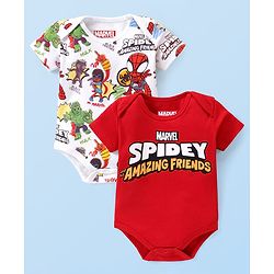 Babyhug Marvel Interlock Knit Half Sleeves Onesies With Spiderman Graphics Pack Of 2 - White & Red