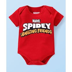 Babyhug Marvel Interlock Knit Half Sleeves Onesies With Spiderman Graphics Pack Of 2 - White & Red
