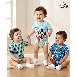 Babyhug Disney Cotton Knit Half Sleeves Onesies with Mickey Mouse Graphics Pack of 3 - Multicolour