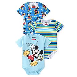 Babyhug Disney Cotton Knit Half Sleeves Onesies with Mickey Mouse Graphics Pack of 3 - Multicolour