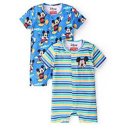 Babyhug Disney Interlock Knit Half Sleeves Rompers With Mickey Mouse Print Pack of 2 - Blue