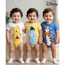 Babyhug Disney Cotton Knit Half Sleeves Onesies with Winnie The Pooh Graphics Pack of 3 - Multicolour