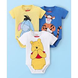 Babyhug Disney Cotton Knit Half Sleeves Onesies with Winnie The Pooh Graphics Pack of 3 - Multicolour