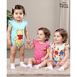 Babyhug Disney Cotton Knit Frill Sleeves Onesies with Winnie The Pooh Graphics Pack Of 3 - Multicolour